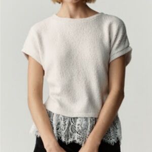 Maeve Cream Short Sleeve Top with Lace Detail